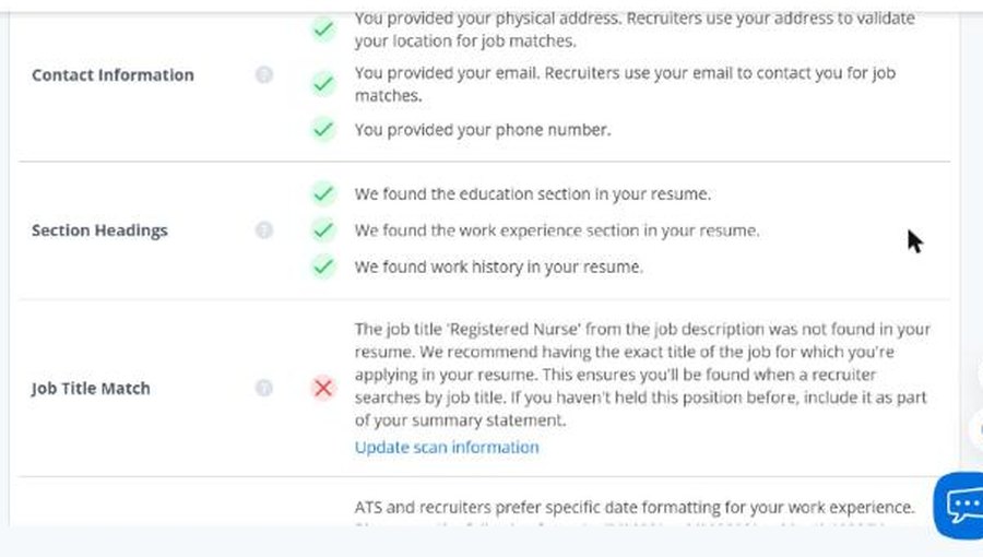 Jobscan Searchability section for test file 06: contact information and section headings found, job title match flagged, and a Date Formatting warning on a resume that already uses Month YYYY dates.