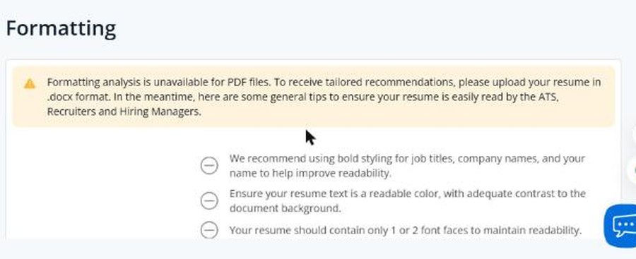 Jobscan Formatting section: 'Formatting analysis is unavailable for PDF files. To receive tailored recommendations, please upload your resume in .docx format', followed by general tips.