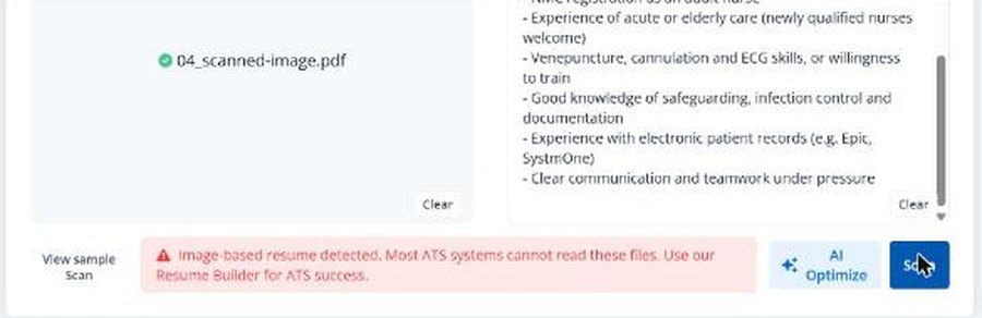 Jobscan message after uploading the scanned test file: 'Image-based resume detected. Most ATS systems cannot read these files.'