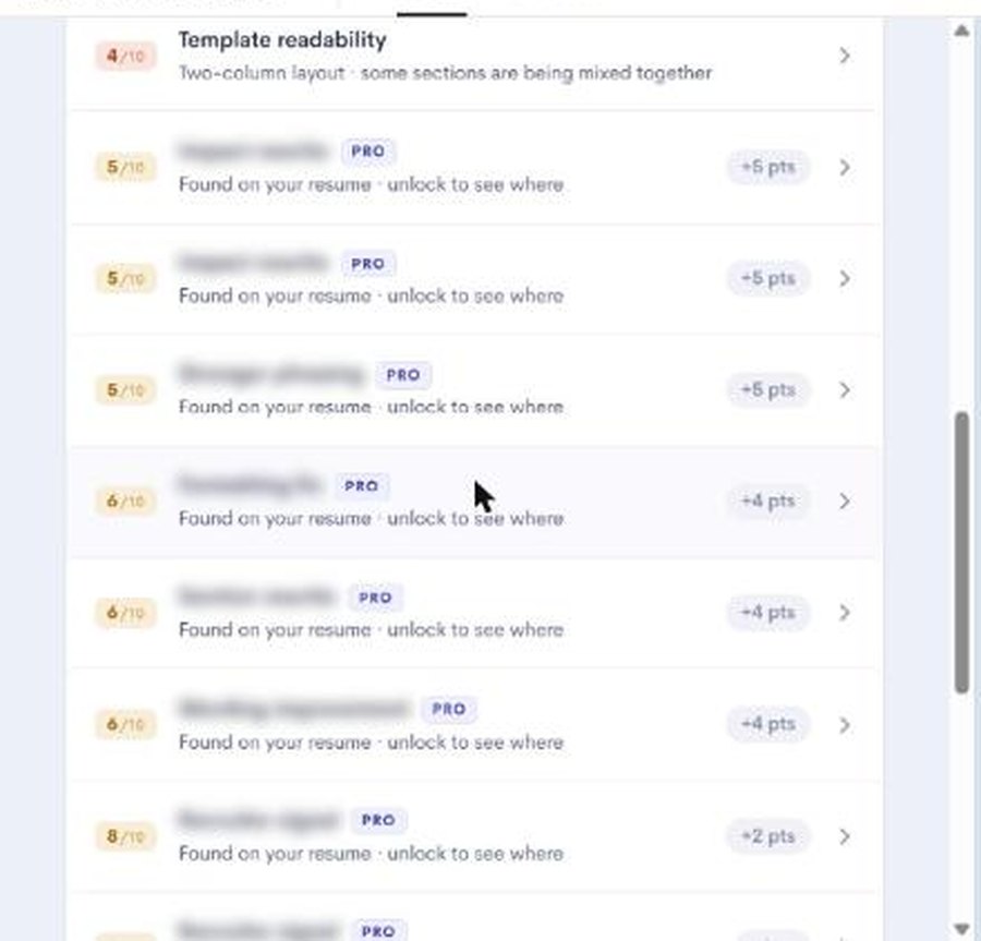 Resume Worded report for test file 01: 'Template readability: Two-column layout, some sections are being mixed together', followed by several checks marked PRO, 'Found on your resume, unlock to see where'.