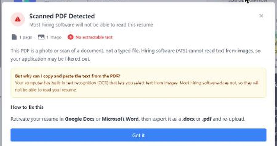 SkillSyncer message for the scanned test file: 'Scanned PDF Detected. Most hiring software will not be able to read this resume', 1 page, 1 image, no extractable text, with an explanation about text recognition and how to fix it.