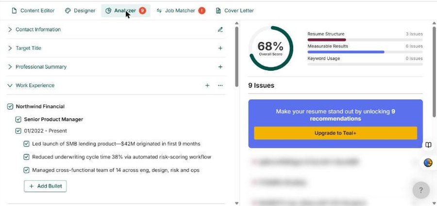 Teal Analyzer for test file 01: overall score 68 percent, 9 issues, and a panel saying 'Make your resume stand out by unlocking 9 recommendations, Upgrade to Teal+'.