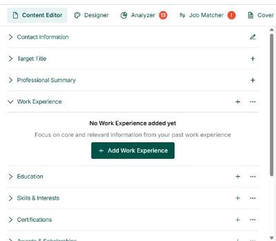 Teal content editor after importing the scanned test file: Work Experience shows 'No Work Experience added yet' and every other section is empty.