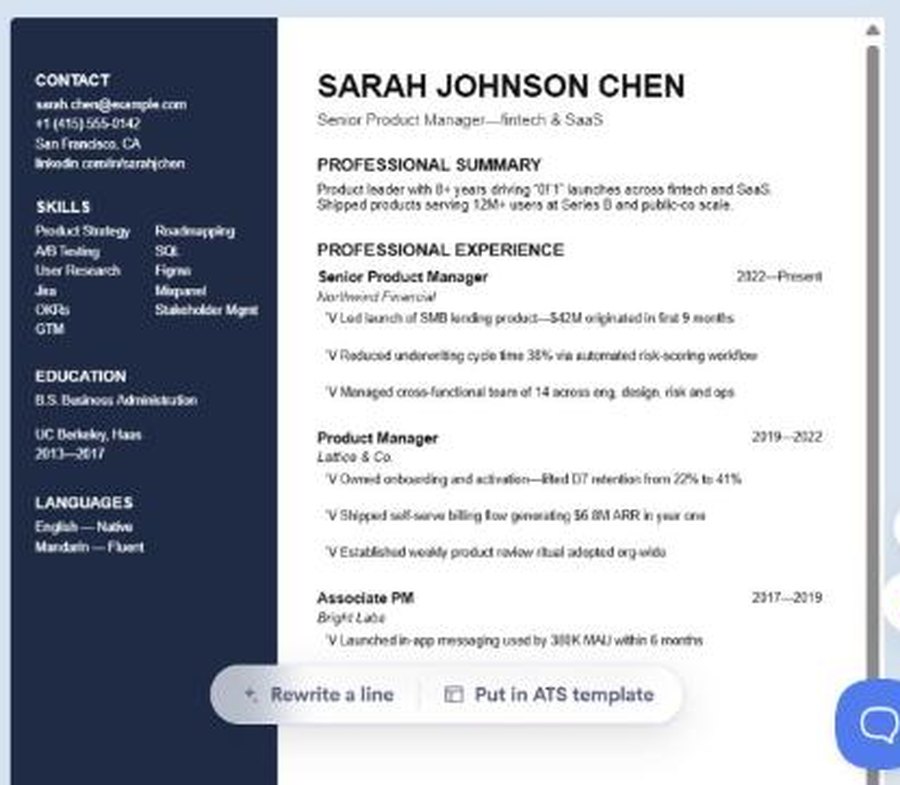 Test file 01: a two-column resume for a fictional product manager, Sarah Johnson Chen, with contact, skills, education and languages in a dark left sidebar and experience on the right.